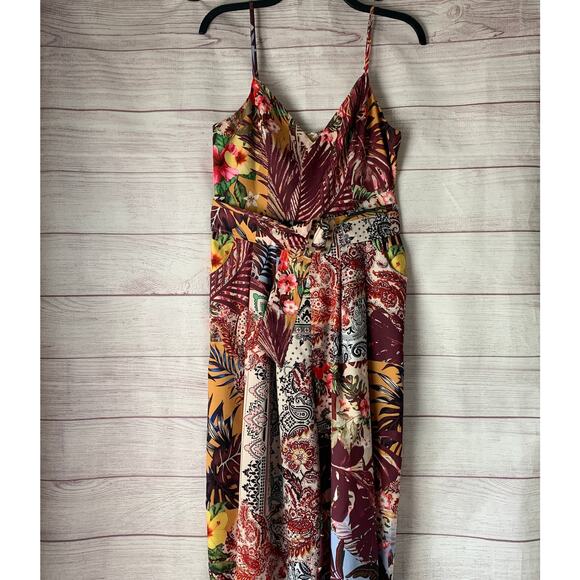 A. Peach Floral Print Belted Jumpsuit Wide Leg Adjustable Straps Pockets Size M - Picture 3 of 16